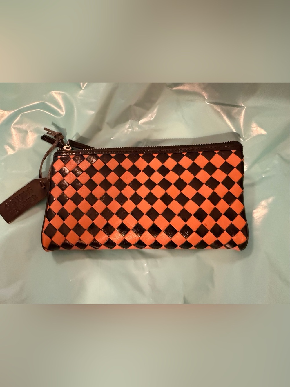 New Woven light Brown and Black Zip & snap Wallet/Clutch very soft